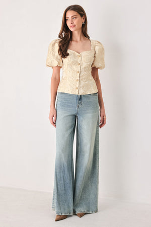 GOLDEN PORTRAIT GOLD TEXTURED PUFF-SLEEVE PEPLUM TOP