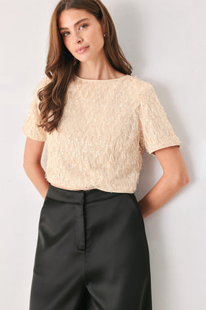CHAMPAGNE WHISPER SEQUIN EYELASH MESH CROPPED TOP