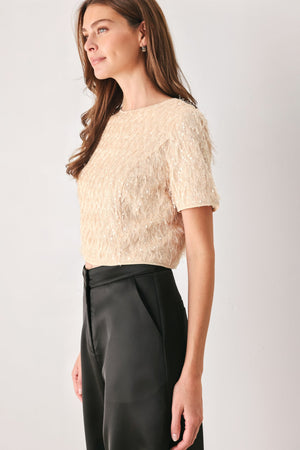 CHAMPAGNE WHISPER SEQUIN EYELASH MESH CROPPED TOP