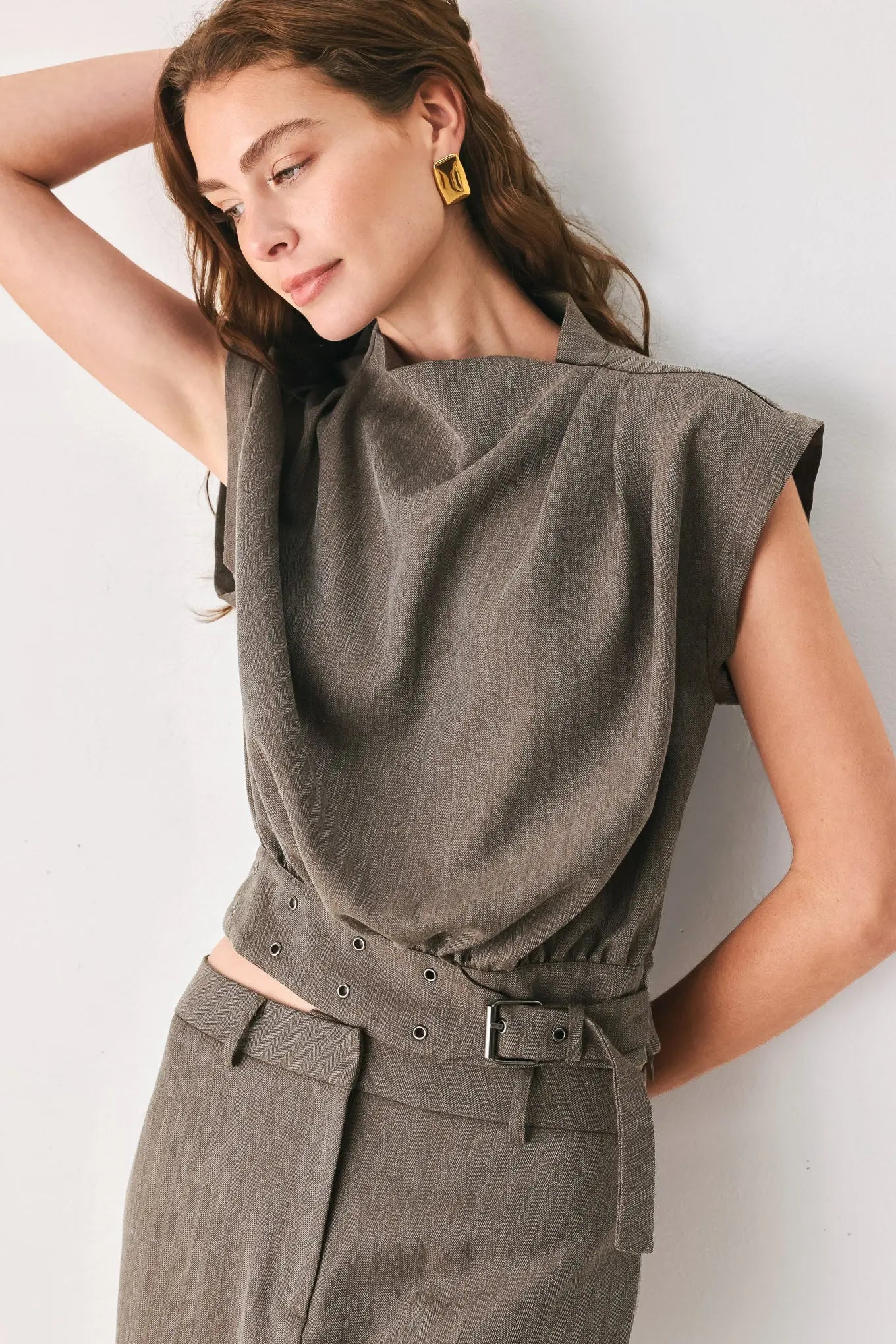 TAILORED TEMPO BROWN FUNNEL-NECK BELTED TOP
