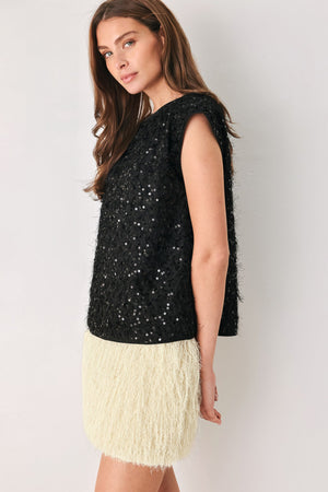 IVORY FRINGE OFF WHITE SEQUIN SLEEVELESS TOP