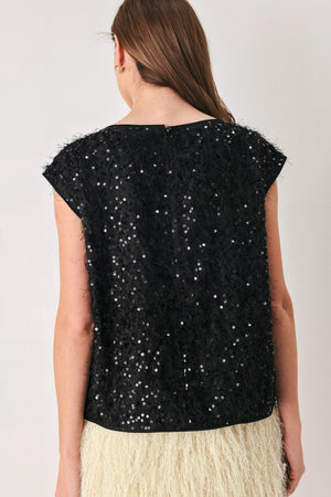 IVORY FRINGE OFF WHITE SEQUIN SLEEVELESS TOP
