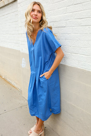 Casual Chic Blue Cotton V Neck Pocketed Midi Tunic
