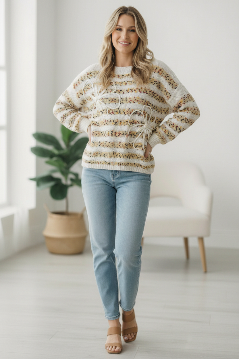 Daisy'S for Days 3D Flower Long Sleeve Sweater