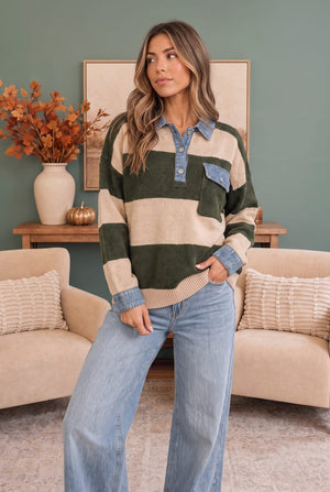 Olive Grove Striped Denim Collar Sweater