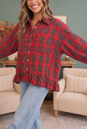 Ruffle the Rules Plaid Flannel Top in Red