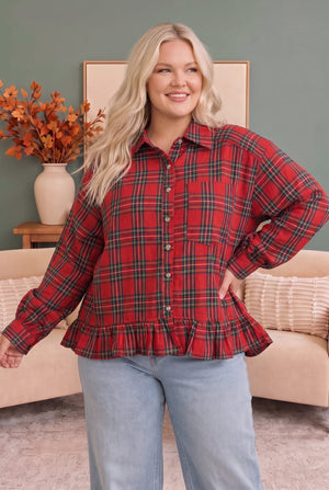 Ruffle the Rules Plaid Flannel Top in Red