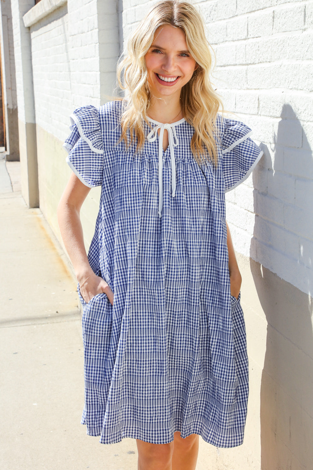 Beautiful You Blue Checker Gingham Tie Front Double Ruffle Sleeve Midi Dress