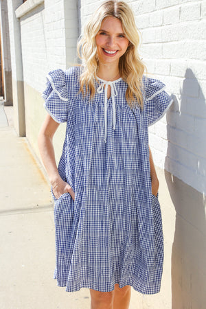 Beautiful You Blue Checker Gingham Tie Front Double Ruffle Sleeve Midi Dress