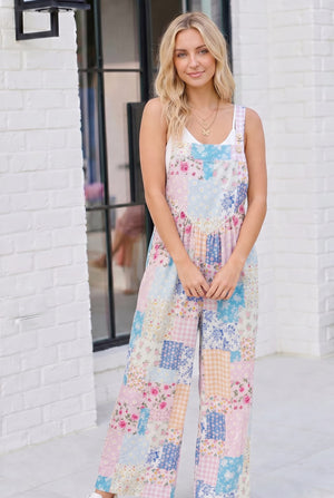 Pastel Patchwork Floral Wide Leg Overalls