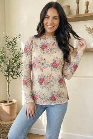 Vintage Petals Oatmeal Long Sleeve Blouse
