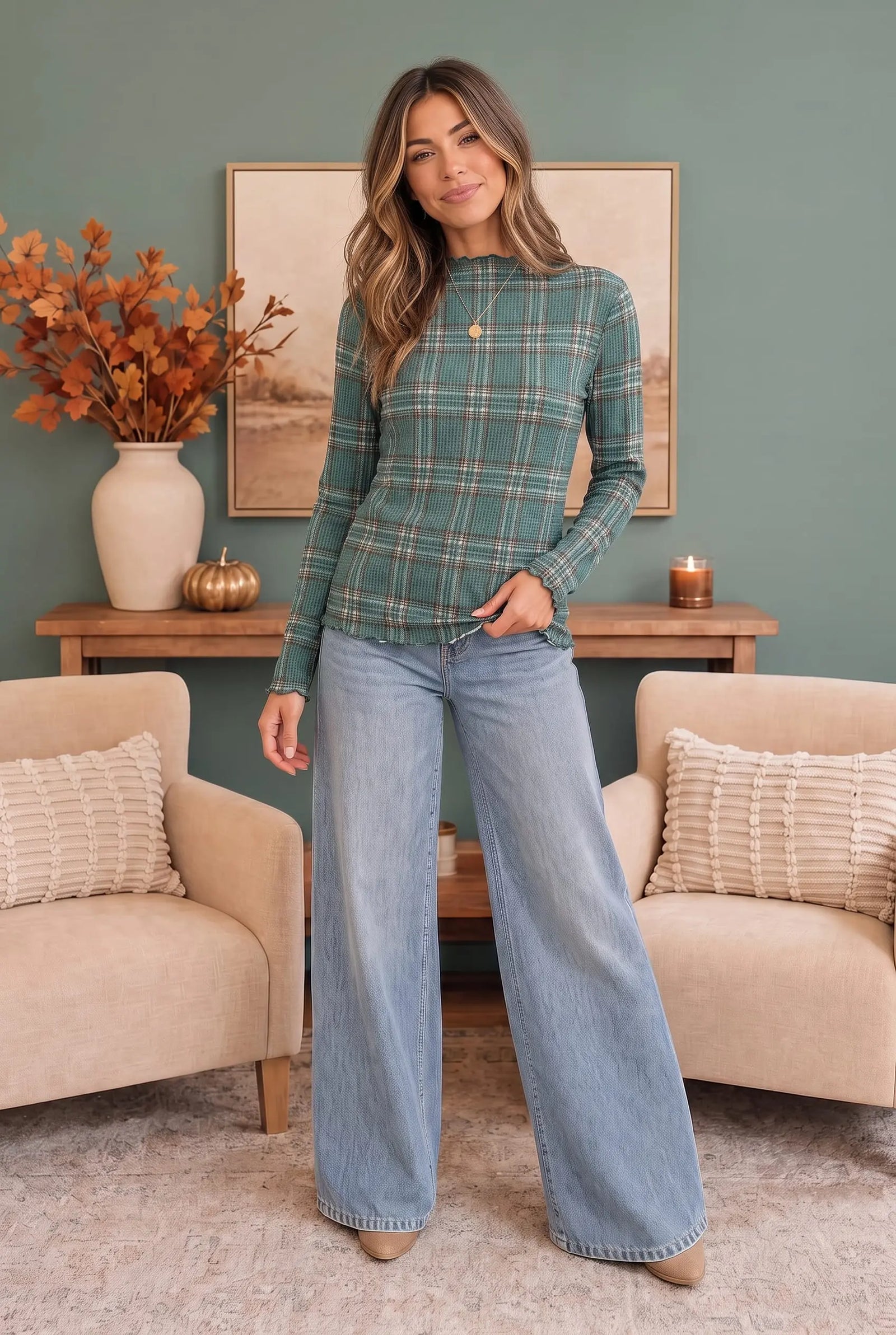 Plaid About You Mock Neck in Hunter Green