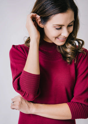 Mock Neck Puff Sleeve Sweater Dress