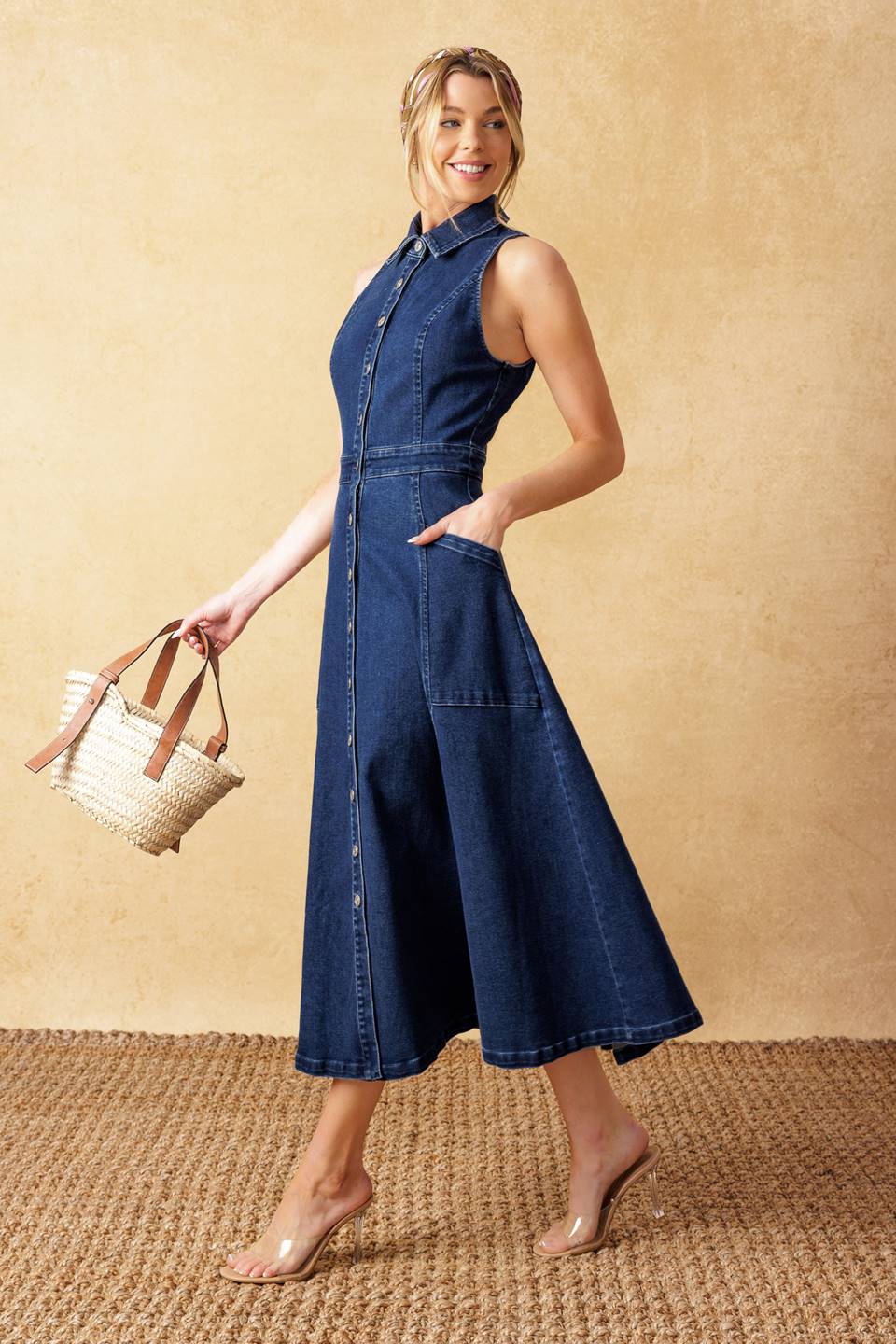 dark denim midi dress River Island long sleeve seamed denim midi dress in dark blue