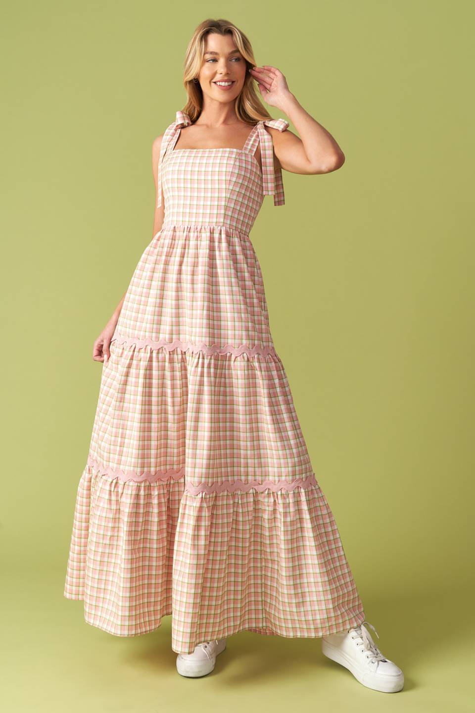 IMAGINE THAT GREEN PINK PLAID MIDI DRESS - Knitted Belle Boutique