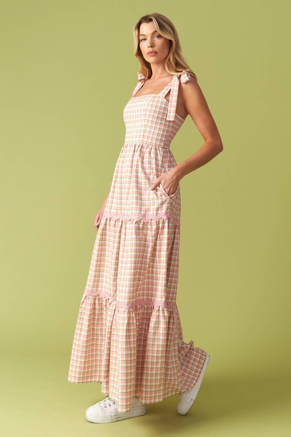 IMAGINE THAT GREEN PINK PLAID MIDI DRESS - Knitted Belle Boutique IMAGINE THAT GREEN PINK PLAID MIDI DRESS - Knitted Belle Boutique