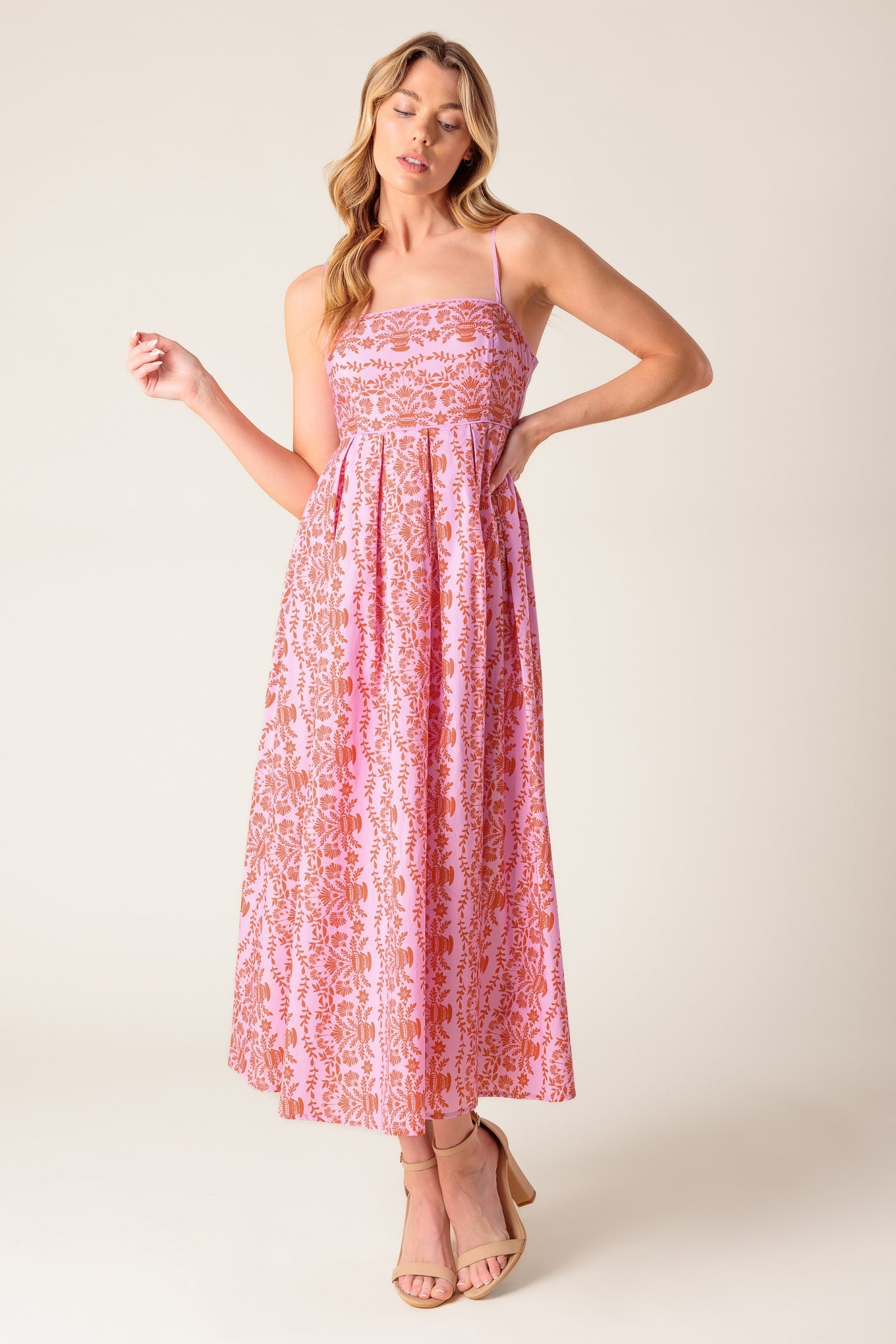 The Evette Pink Woven Midi Dress