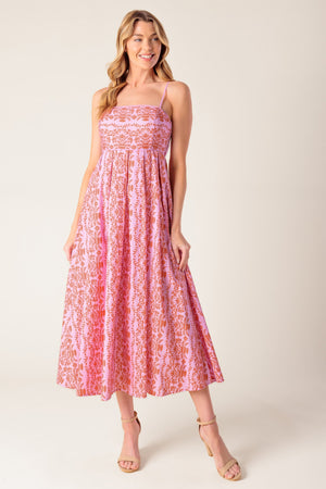 The Evette Pink Woven Midi Dress