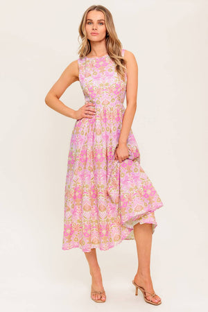 UNDER THE SUN PINK WOVEN MIDI DRESS