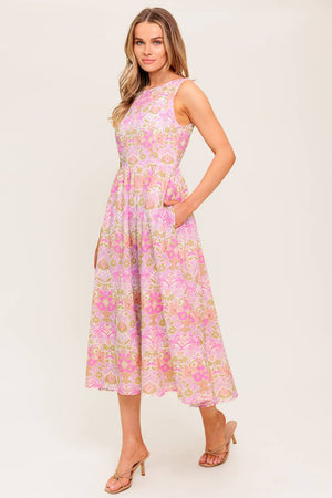 UNDER THE SUN PINK WOVEN MIDI DRESS
