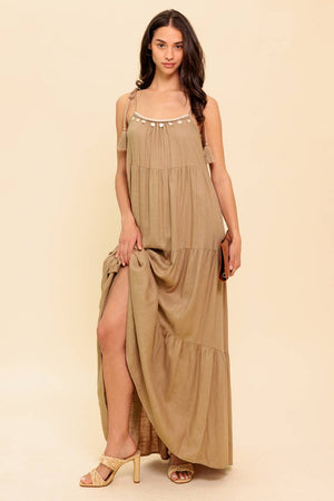 World of Possiblilities Taupe Woven Maxi Dress