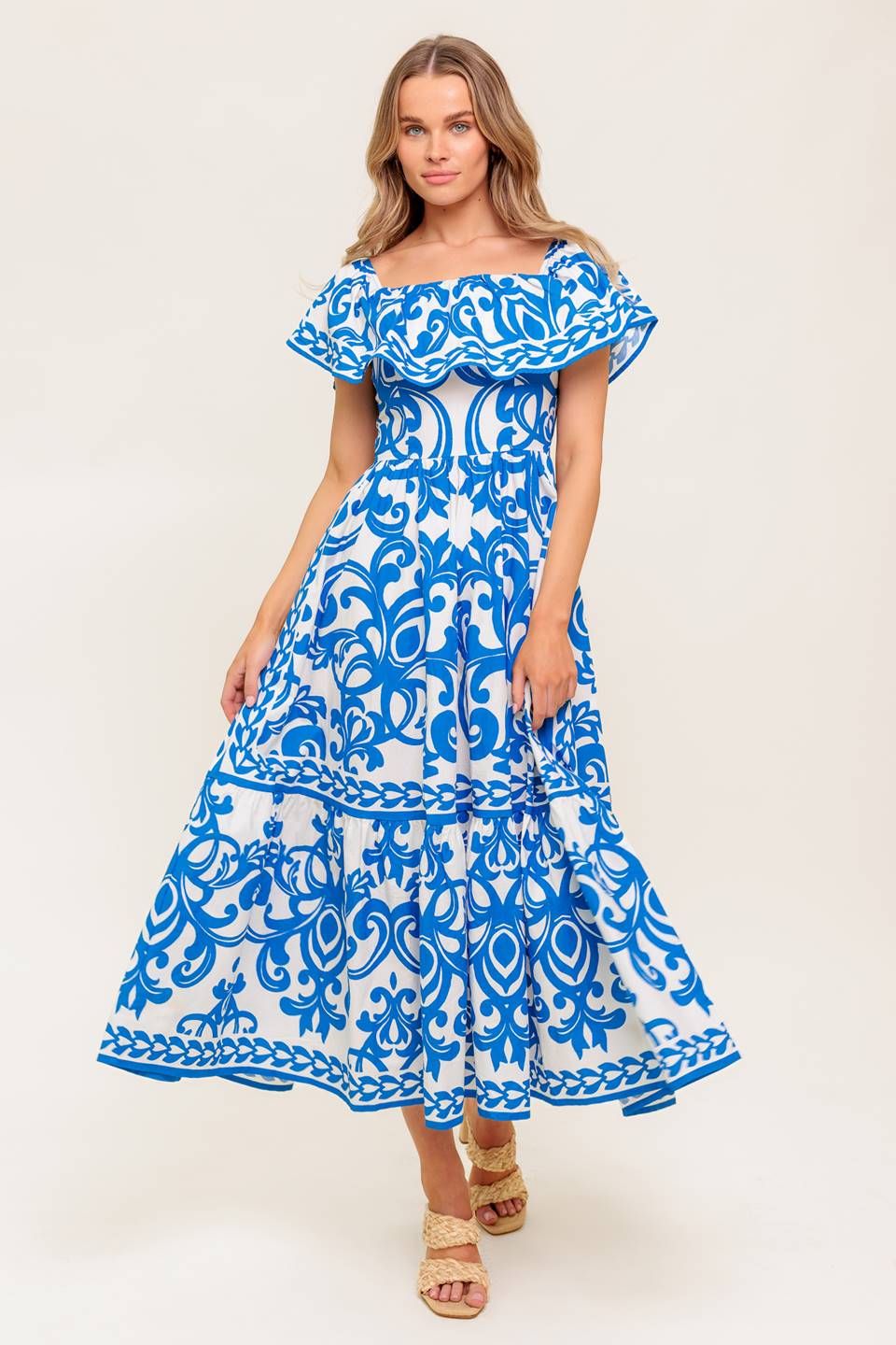 BLOOM SERENADE BLUE WOVEN MIDI DRESS
