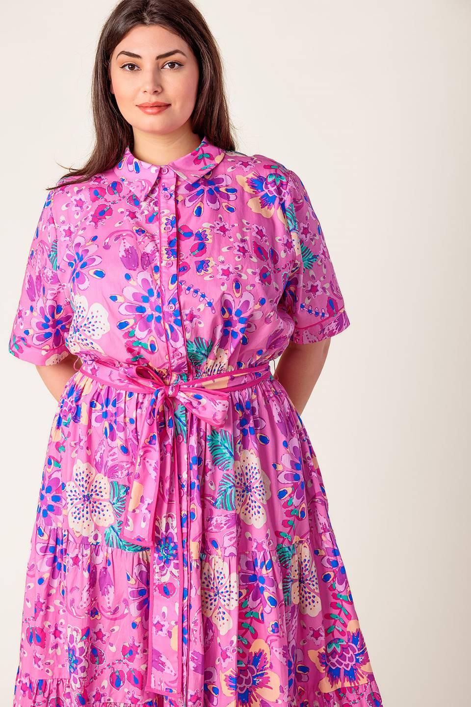Celestial Skies Woven Midi Dress L Flying Tomato Pink Purple / S