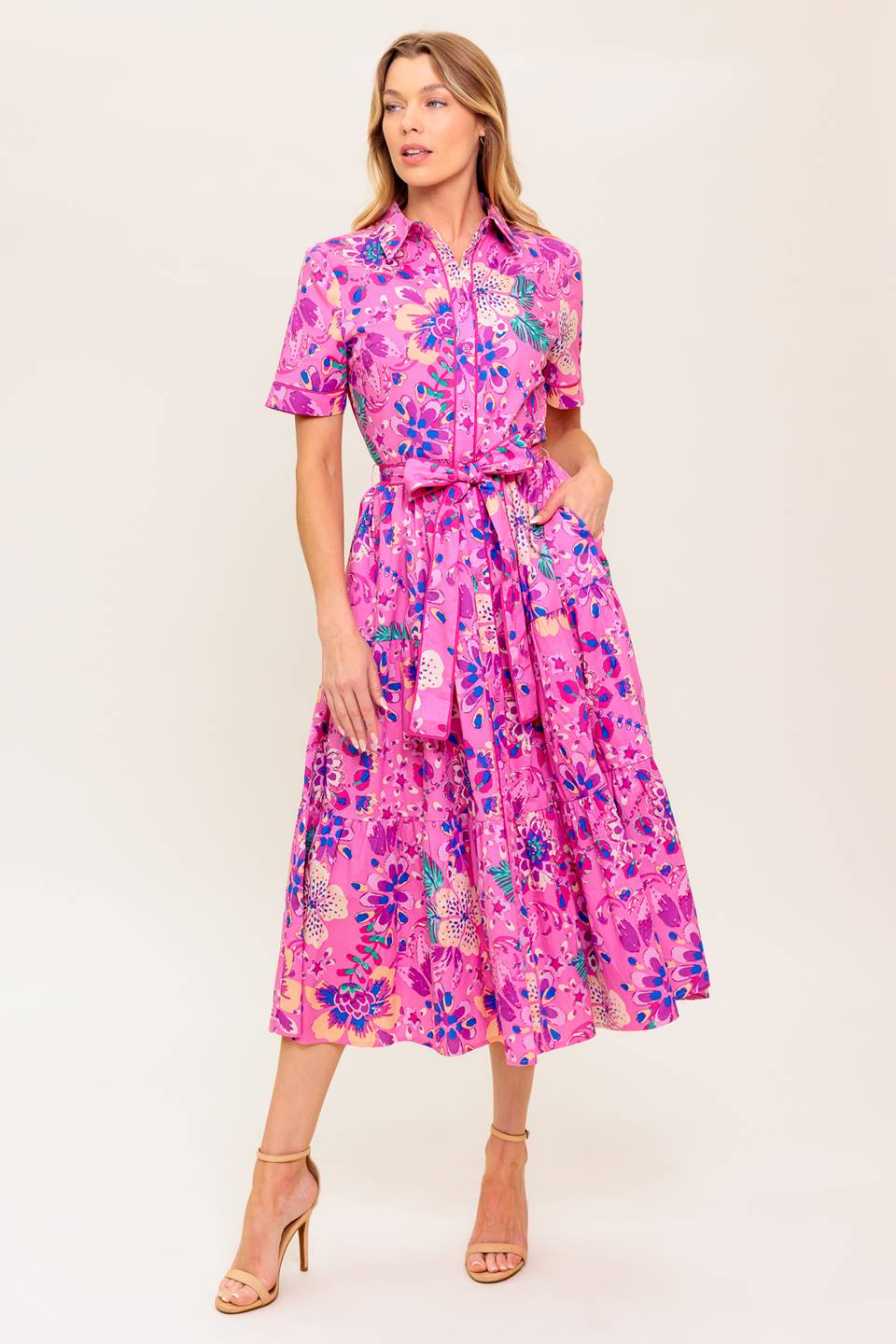 Celestial Skies Woven Midi Dress L Flying Tomato Pink Purple / S