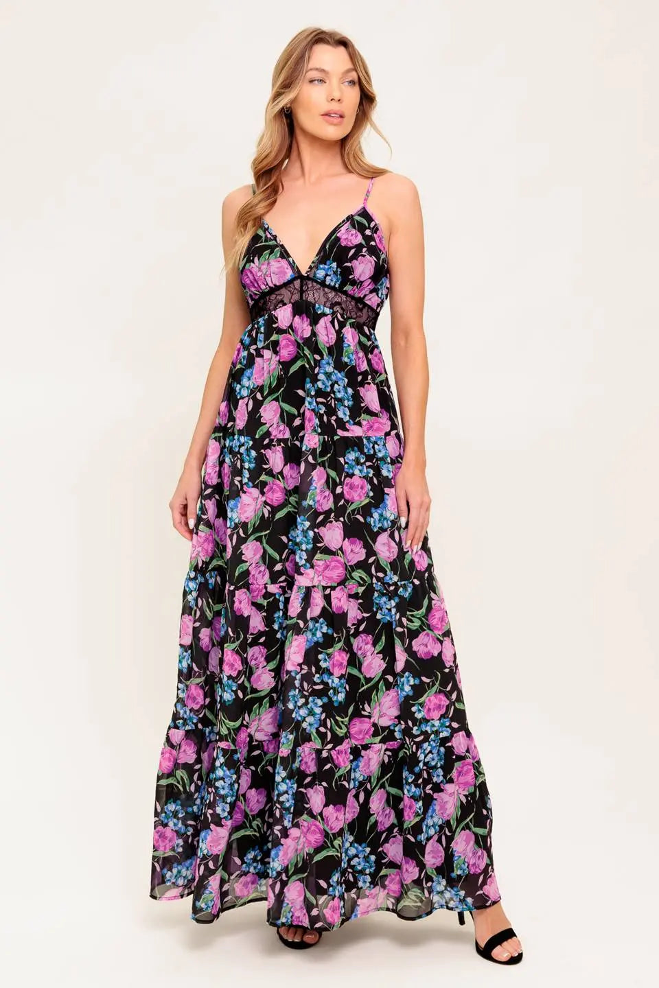 Black woven maxi dress styled for a formal evening wedding