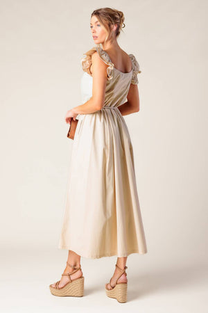 CHAMPAGNE TOAST TAUPE WOVEN MIDI DRESS