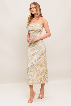 BOHO TROPIC DRAPE WOVEN MIDI DRESS