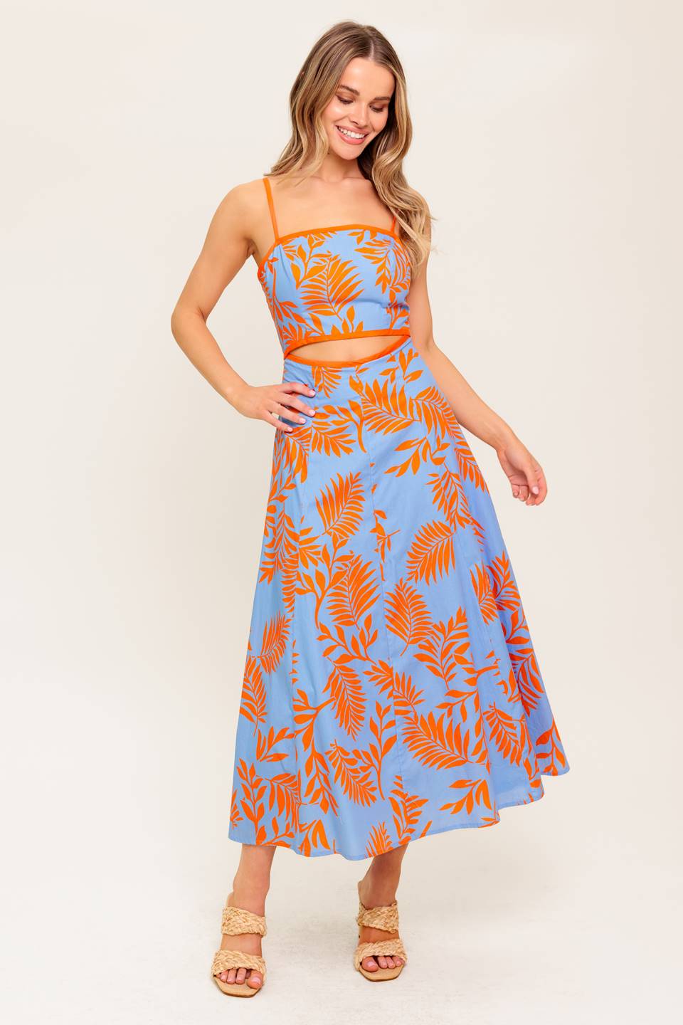 APRICOT SUNSET WOVEN MIDI DRESS