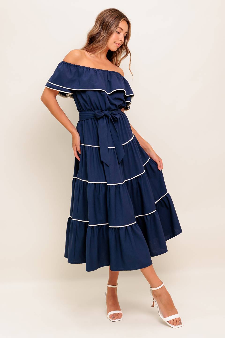 BUTTERCREAM DREAM NAVY WOVEN MIDI DRESS