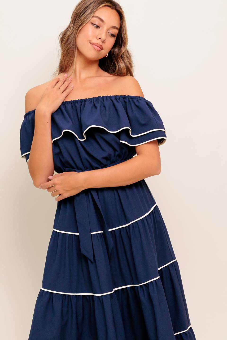 BUTTERCREAM DREAM NAVY WOVEN MIDI DRESS