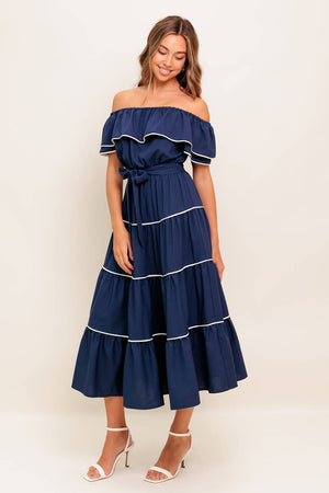 BUTTERCREAM DREAM NAVY WOVEN MIDI DRESS