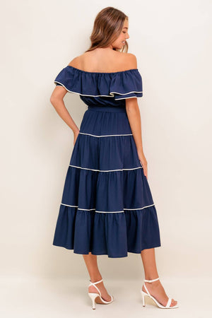 BUTTERCREAM DREAM NAVY WOVEN MIDI DRESS