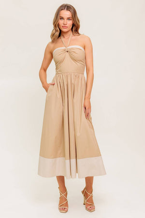 HYDRANGEA HAZE WOVEN MIDI DRESS l FLYING TOMATO TAUPE / S HYDRANGEA HAZE WOVEN MIDI DRESS l FLYING TOMATO TAUPE / S