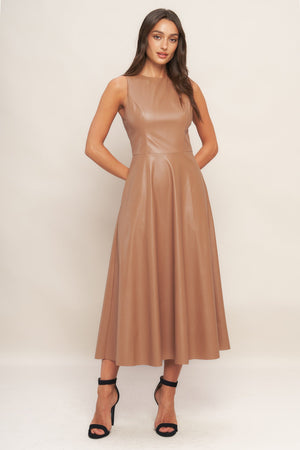 BARE SOPHISTIQUE FAUX LEATHER MIDI DRESS