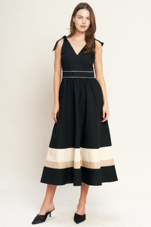 FOREST CHARM BLACK CREAM WOVEN MIDI DRESS