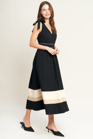 FOREST CHARM BLACK CREAM WOVEN MIDI DRESS