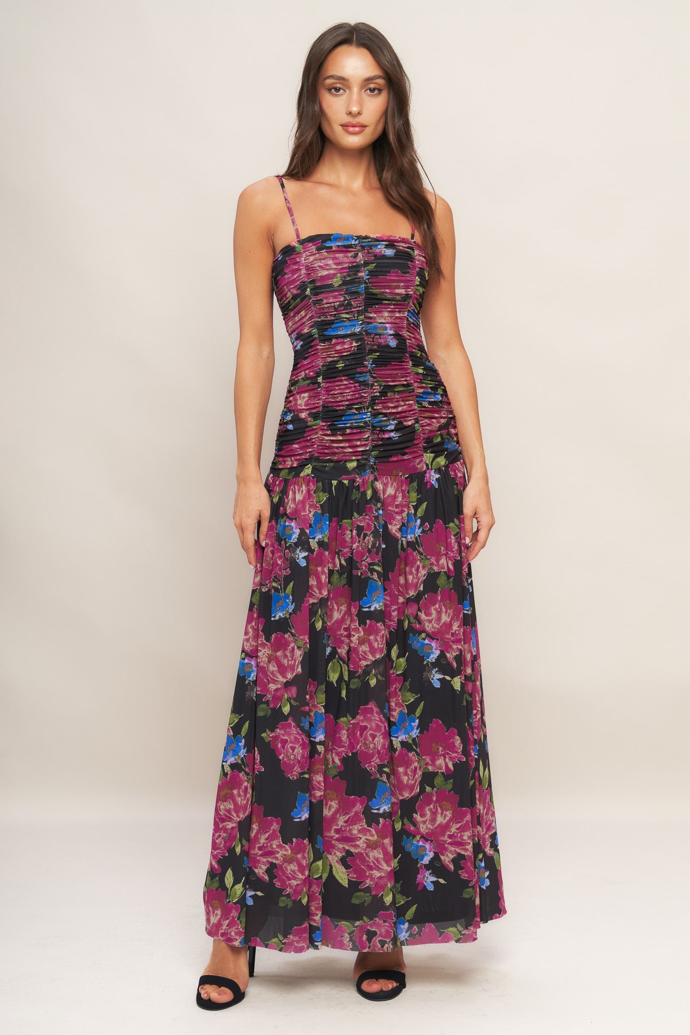 NIGHT FLORIST POWER MESH MAXI DRESS