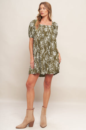 BOTANICAL OUTLINE WOVEN MINI DRESS