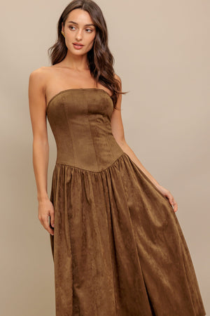WILD ESPRESSO FAUX SUEDE MIDI DRESS