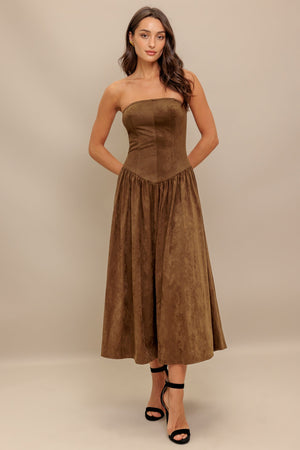 WILD ESPRESSO FAUX SUEDE MIDI DRESS