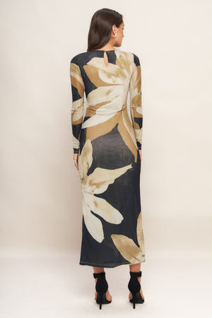 ABSTRACT BOTANICA POWER MESH MIDI DRESS