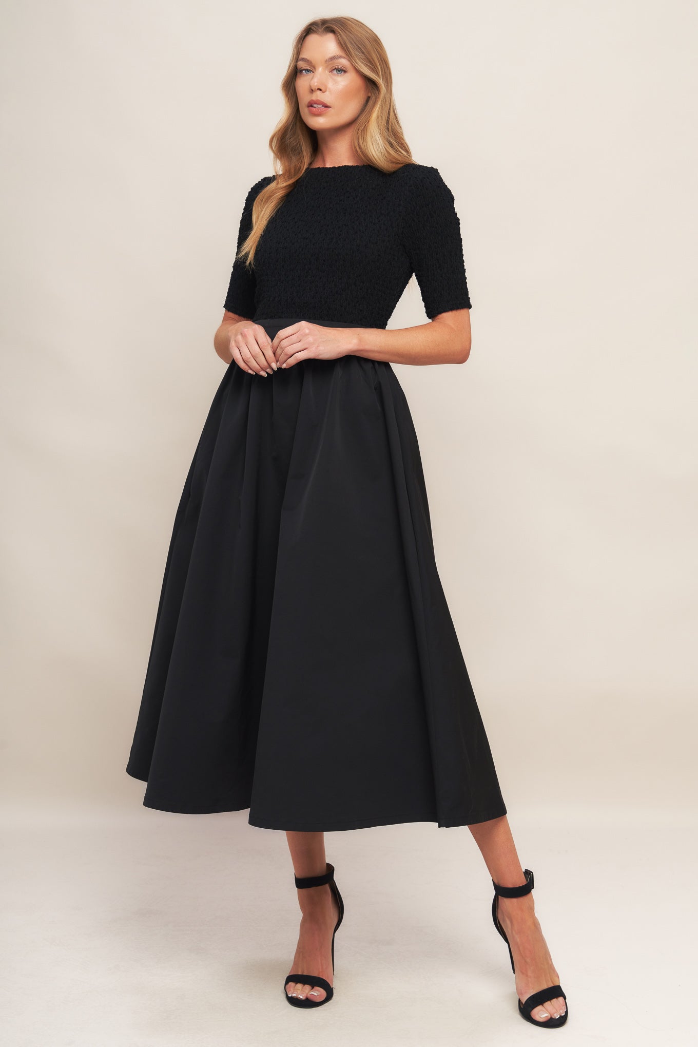 EVENING GRACE BLACK WOVEN MIDI DRESS