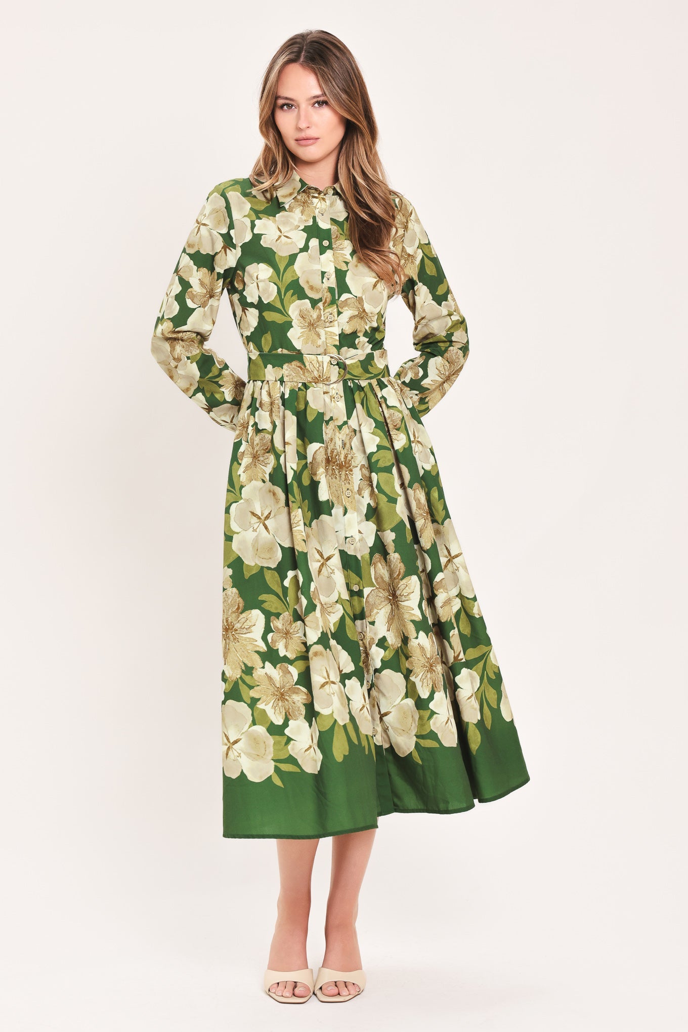 EVERGREEN CAMELLIA DREAM WOVEN MIDI SHIRT DRESS