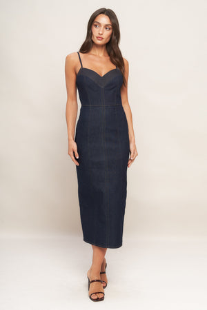 MIDNIGHT INDIGO DENIM MIDI DRESS