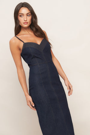 MIDNIGHT INDIGO DENIM MIDI DRESS
