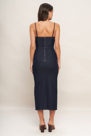 MIDNIGHT INDIGO DENIM MIDI DRESS